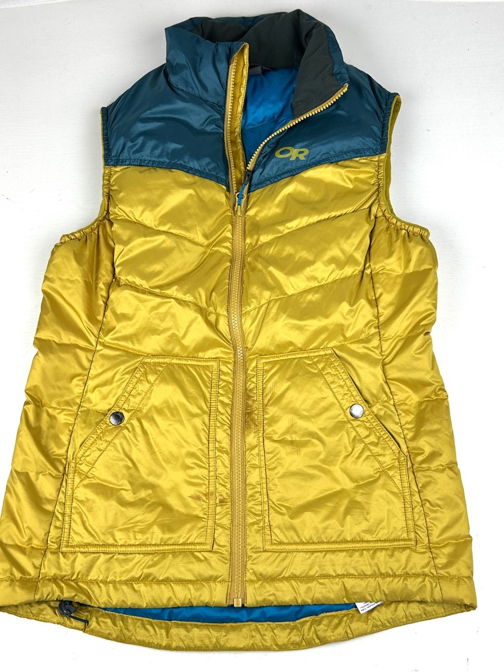 Outdoor Research Transcendent Down Vest Womens Small Gold Sleeveless Full-Zip
